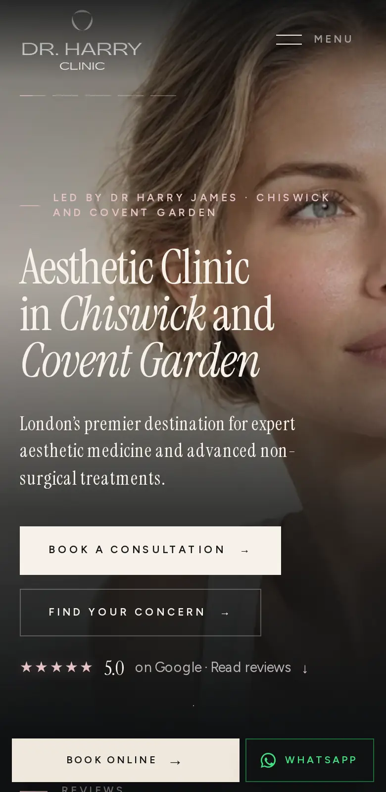 The Dr Harry Clinic homepage on a phone