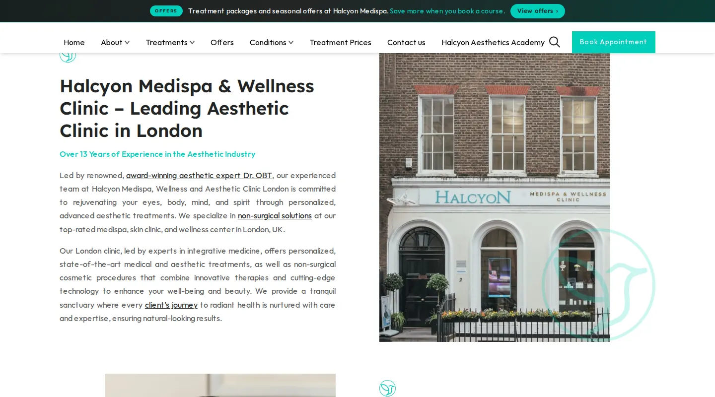 Halcyon Medispa and Wellness Clinic, a leading aesthetic clinic in London, on its homepage
