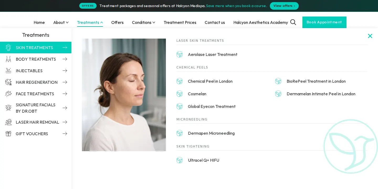 The Halcyon Medispa treatments menu, rebuilt into seven treatment groups