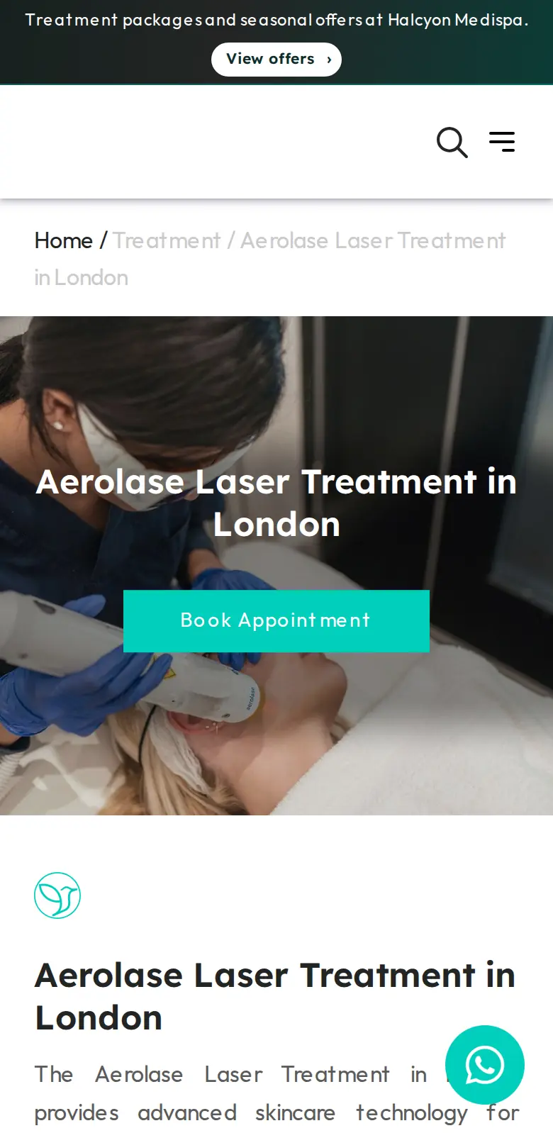 The Aerolase page on a phone, with Book Appointment in the first screen